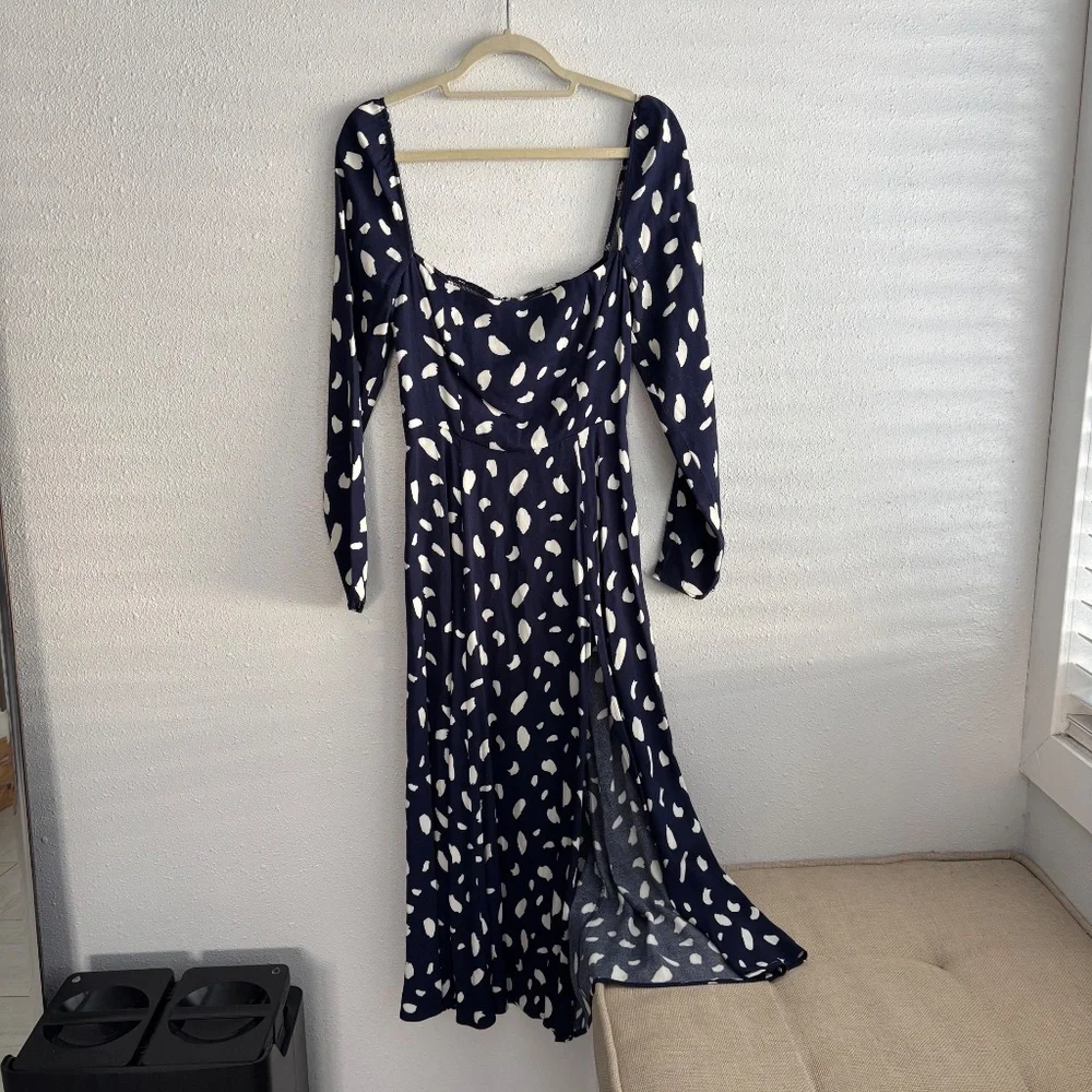 Reformation Sigmund Dress Navy Splatter - Size 4 - Picture 4 of 7